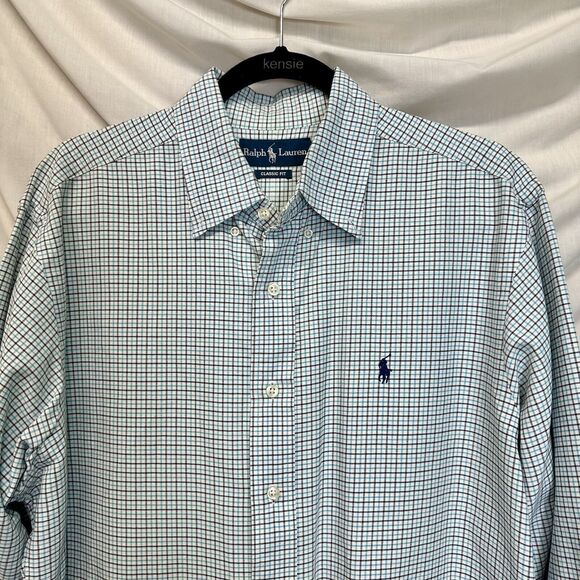 VINTAGE Polo Ralph Lauren Blue White Black Plaid Shirt Size Large Classic‎ Fit - Picture 7 of 7